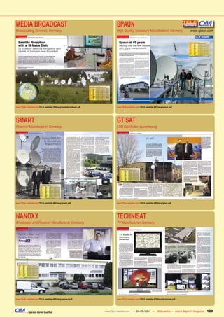 MEDIA BROADCAST                                                              SPAUN
Broadcasting Services, Germany                                               High Quality Accessory Manufacturer, Germany                   www.spaun.com




www.TELE-satellite.com/TELE-satellite-1009/eng/mediabroadcast.pdf            www.TELE-satellite.com/TELE-satellite-0811/eng/spaun.pdf




SMART                                                                        GT SAT
Receiver Manufacturer, Germany                                               LNB Distributor, Luxembourg




www.TELE-satellite.com/TELE-satellite-0901/eng/smart.pdf                     www.TELE-satellite.com/TELE-satellite-0805/eng/gtsat.pdf




NANOXX                                                                       TECHNISAT
Wholesaler and Receiver Manufacturer, Germany                                TV Manufacturer, Germany




www.TELE-satellite.com/TELE-satellite-0901/eng/nanoxx.pdf                    www.TELE-satellite.com/TELE-satellite-0709/eng/technisat.pdf




           – Operator Market Qualified                              www.TELE-satellite.com — 04-05/201 — TELE-satellite — Global Digital TV Magazine
                                                                                                     1                                                 129
 