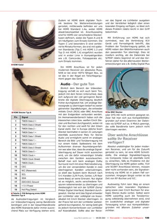 Zudem ist HDMI dank digitaler Tech-                ver das Signal via Lichtleiter ausgeben
                                         nik bestens für Weiterentwicklungen                und der Verstärker lediglich über einen
                                         gerüstet, mittlerweile befinden wir uns            koaxialen Eingang verfügen, so lässt sich
                                         bei HDMI Standard 1.4a, wobei HDMI                 dieses Problem relativ leicht in den Griff
                                         abwärtskompatibel ist. Anschlussseitig             bekommen.
                                         sind für HDMI vier verschiedene Stecker-
                                         typen definiert, wobei die Typen A und B             Mit Einführung von HDMI hat sich
                                         am häufigsten zum Einsatz kommen. Die              zumindest, was die Verbindung A/V
                                         Typen C und besonders D sind verklei-              Gerät und Fernsehgerät betrifft, das
                                         nerte Miniaturformen, die erst mit späte-          Problem der Tonübertragung gelöst, da
                                         ren Standards (Typ C mit HDMI 1.3 und              HDMI neben den Bildinformationen auch
                                         Typ D mit HDMI 1.4) eingeführt wurden              den passenden Ton überträgt. Dies ist
                                         und in erster Linie in Kompaktgeräten              insofern wichtig, als die Datenrate bei
                                         wie z.B. Camcorder, Fotoapparate etc.              S/PDIF relativ begrenzt ist und das Ver-
                                         zum Einsatz kommen.                                fahren daher für die allerneusten Weiter-
■ HDMI Kabel                                                                                entwicklungen wie z.B. Dolby Digital Plus
                                            Ein HDMI Anschluss ist für jeden
                                         modernen Receiver ein absolutes Muss,
                                         fehlt er bei einer HDTV fähigen Box, so
                                         ist das in der Regel ein Totschlagargu-
                                         ment gegen das Gerät.

                                           Audio - Der gute Ton
                                            Ähnlich dem Bereich der Videoüber-
                                         tragung verhält es sich auch beim Ton,
                                         jedoch mit dem feinen Unterschied, dass
                                         sich aufgrund der viel geringeren Band-
                                         breite die digitale Übertragung deutlich
                                         früher durchgesetzt hat. Um analoge Ste-
                                         reosignale zu übertragen bedarf es zweier
                                         getrennter Signalleitungen, die entweder
■ HDMI Stecker Typ A                     mittels Cinch (RCA) oder BNC Anschluss             ■ Der BNC Stecker
                                         mit den Endgeräten verbunden werden.               oder DTS-HD nicht wirklich geeignet ist.
   Pin     Signal                        Im Heimanwenderbereich haben sich die              Zwar hat man sich aus Kompatibilitäts-
    1      TMDS Data 2 +                 klassischen roten bzw. weißen Cinch Ste-           gründen auf einen Downmix der Daten-
                                         cker und Buchsen durchgesetzt, wobei rot           rate via S/PDIF auf ca. 6 Mbit/s geeinigt,
    2      TMDS Data 2 Shield
                                         für den rechten und weiß für den linken            die volle Bandbreite kann jedoch nicht
    3      TMDS Data 2 –                 Kanal steht. Der in Europa übliche Scart           übertragen werden.
    4      TMDS Data 1 +                 Stecker beinhaltet in seinen 21 Leitungen

    5      TMDS Data 1 Shield
                                         ebenfalls ausreichend Platz für Stereo               Über welche Anschlüsse
    6      TMDS Data 1 –
                                         Audio und ermöglicht somit im analogen
                                         Bereich die Bild- und Tonübertragung mit
                                                                                              sollte Ihr Receiver
    7      TMDS Data 0 +                 nur einem Kabel. Spätestens mit dem                  verfügen?
                                         Aufkommen diverser Raumklangverfah-                  Absolut unabdingbar für jeden moder-
    8      TMDS Data 0 Shield
                                         ren war aber klar, dass die analoge Signal-        nen Receiver, und um für die Zukunft
    9      TMDS Data 0 –                 übertragung auf Dauer nicht ausreichen             gerüstet zu sein, ist eine HDMI Schnitt-
   10      TMDS Clock +                  wird, um die dafür notwendigen Inhalte             stelle. Die analoge Signalübertragung
   11      TMDS Clock Shield             zwischen den Geräten auszutauschen.                via Composite Video ist ebenfalls nicht
                                         Behalf man sich beim analogen Dolby                zu verachten, falls es Probleme mit der
   12      TMDS Clock –                                                                     Übertragung via HDMI geben sollte. YUV
                                         Surround noch mit einer Matrixkodierung,
   13      CEC                           um die vier verwendeten Kanäle in zwei             und SCART Anschlüsse können, müssen
   14      N/C (Reserved)                übertragenen Kanälen unterzubringen,               aber nicht vorhanden sein, die Signalver-
                                         so stieß das System beim Wunsch nach               bindung via HDMI ist in jedem Fall vor-
   15      SCL
                                         5+1 Kanälen (L/R Front, Center, L/R Rear           zuziehen. Hingegen längst vorbei ist die
   16      SDA                           sowie Bass) an seine Grenzen. Nur digital          Zeit von RF-Buchse und Y/C.
   17      DDC/CEC Ground                ist es möglich, sechs verschiedene Ton-
                                         spuren nebeneinander zu übertragen und               Audioseitig führt kein Weg an einem
   18      + 5 V Power
                                         diesbezüglich hat sich der S/PDIF (Sony/           optischen oder koaxialen Digitalaus-
   19      Hot Plug Detect               Philips Digital Interface) Standard durch-         gang sowie zwei Cinch Buchsen für ana-
■ Tabelle 2: PIN Belegung eines HDMI     gesetzt. Hierbei wird das Signal entweder          loges Stereo Audio vorbei. Selbst wenn
Steckers Typ A                           per Lichtleiter oder volldigital via Koaxi-        HDMI zukünftig auch die Tonübertra-
da Audioübertragungen im Vergleich       alkabel mit Cinch Stecker übertragen. In           gung vollständig übernehmen wird, sind
zur Videoübertragung wenig Bandbreite    der Praxis hat sich der Lichtleiter weitest-       ein zusätzlicher analoger und digitaler
benötigen und in der Gesamtbandbreite    gehend durchgesetzt, für wenig Geld gibt           Tonausgang schon aus Kompatibilitäts-
des HDMI Standards dafür immer ausrei-   es jedoch Konverterboxen von Lichtleiter           gründen mit älterem Zubehör unver-
chend Platz zur Verfügung stehen wird.   auf Koaxialkabel. Sollte also der Recei-           zichtbar.


                                                        www.TELE-satellite.com — 04-05/201 — TELE-satellite — Global Digital TV Magazine
                                                                                         1                                                 149
 