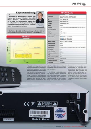 Expertenmeinung                                                                        TECHNICAL
  +                                                                                                             DATA
  Beinhaltet die Möglichkeit A/V Inhalte über                               Distributor             AB IPBox s.r.o., M. Razusa 4795/34,
Internet zu streamen Flexibler Bild-in-Bild                                                         955 01 Topolcany, Slovak Republic

Modus Einfache Aufnahmeprogrammierung                                       Tel                     +421 38 5362 667
via EPG Die EPG Informationen stehen auch                                   Website                 www.abipbox.com
bei aufgezeichneten Sendungen zur Verfügung                                 Contact                 info@abipbox.com
                                                      Andy Middleton
Einfache Zugriffsmöglichkeit via FTP Einfaches          TELE-satellite
                                                          Test Center       Model                   55HD
Laden von zusätzlicher Software                                   UK
                                                                            Function                HDTV Linux Receiver with single tuner and USB for PVR

  -                                                                         SCPC compatible         Yes

  Die Tasten Q und Z der Fernbedienung befinden sich an                     USALS                   Yes
unterschiedlichen Positionen im Vergleich zum OSD Menü.                     DiSEqC                  1.0/1.1/1.2/1.3
                                                                            Scart connectors        1

                       ENERGY                                               Symbol rates                   QPSK – up to 45000
                         DIAGRAM                                                                            QPSK – up to 36000
                                                                                                            8PSK – up to 30000
                                                                            MPEG2 modes             MPEG-2, MPEG-4, H.264
                                                                            Audio outputs           none
                                                                            Video outputs           HDMI

                                                Apparent Power              Resolutions             720x576 (PAL). 720x480 (NTSC) 1080i, 720p, 480i, 480p
                                                                            UHF output              No
                                                                            0/12 volt output        No
                                                                            Digital audio output    S/PDIF
            Mode       Apparent Active Factor   Active Power
            Active     30 W     15 W 0.5                                    EPG                     Yes
            StandBy    19 W      9 W 0.47
            PVR        25 W     12 W 0.48                                   C/Ku-band compatible    Yes
                                                                            Power supply            100-240V AC
                                                                            Common interface        None
                                                                            Card slots              1 (Conax)


                                     Gerade von Linux sind wir es           AB IPBox 55HD darin enthalten,            Funktionen zu verwenden sind.
                                  gewohnt, dass die Dokumentation           so wäre es wohl ein ziemlich dik-         Zudem habe ich nun einen Kan-
                                  nicht immer die beste ist und die         kes Handbuch.                             allisteneditor gefunden, der das
                                  Antworten auf einige Frage erhält                                                   Organisieren des Receivers zur
                                  man wirklich erst nach einer um-            Ein Teil der Freude (oder auch          wahren Freude macht, ganz an-
                                  fangreichen Suche im Internet.            des Ärgers) während des Einsat-           ders als die Torturen, die ich bis-
                                  Einige Funktionen des Receivers           zes dieses Receivers ist und bleibt       her gewohnt war. Er funktioniert
                                  sind im Handbuch überhaupt nicht          eben der Weg über anfängliche             so gut, dass ich mich über weitere
                                  erwähnt, aber um fair zu sein:            Verwirrung bis hin zur Erleuch-           Programme dieser Art sehr freuen
                                  Wären wirklich alle Features der          tung, wie denn die einzelnen              würde.




                                                                    www.TELE-satellite.com — 04-05/201 —
                                                                                                     1       TELE-satellite — Global Digital TV Magazine   39
 