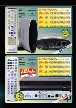 Manufacturer                  Amino
 Website                 www.aminocom.com
                                                    TELE-satellite World                              www.TELE-satellite.com/...
                                                    Read Indepth Review of This Product Directly on the Internet:
 Function                 IPTV Set-top-Box          Arabic         ‫العربية‬      www.TELE-satellite.com/TELE-satellite-1103/ara/netup2.pdf
 Stream Protocol                UDP                 Indonesian     Indonesia    www.TELE-satellite.com/TELE-satellite-1103/bid/netup2.pdf
 Menu Standards          NetUP Middleware           German         Deutsch      www.TELE-satellite.com/TELE-satellite-1103/deu/netup2.pdf
                                                    English        English      www.TELE-satellite.com/TELE-satellite-1103/eng/netup2.pdf
 WLAN                            —
                                                    Spanish        Español      www.TELE-satellite.com/TELE-satellite-1103/esp/netup2.pdf
                                                    French         Français     www.TELE-satellite.com/TELE-satellite-1103/fra/netup2.pdf
                                                    Hebrew         ‫עברית‬        www.TELE-satellite.com/TELE-satellite-1103/heb/netup2.pdf
                                                    Chinese        中文           www.TELE-satellite.com/TELE-satellite-1103/man/netup2.pdf
                                                    Polish         Polski       www.TELE-satellite.com/TELE-satellite-1103/pol/netup2.pdf
                                                    Portuguese     Português    www.TELE-satellite.com/TELE-satellite-1103/por/netup2.pdf
                                                    Russian	       Русский		    www.TELE-satellite.com/TELE-satellite-1103/rus/netup2.pdf
                                                    Turkish        Türkçe       www.TELE-satellite.com/TELE-satellite-1103/tur/netup2.pdf




                                                                                                                       0.52




 Manufacturer                  Jiuzhou
 Website                 www.jiuzhou.com.cn
                                                    TELE-satellite World                              www.TELE-satellite.com/...
                                                    Read Indepth Review of This Product Directly on the Internet:
 Function                 IPTV Set-Top-Box          Arabic         ‫العربية‬     www.TELE-satellite.com/TELE-satellite-1101/ara/jiuzhou.pdf
 Stream Protocol                UDP                 Indonesian     Indonesia   www.TELE-satellite.com/TELE-satellite-1101/bid/jiuzhou.pdf
 Menu Standards
                     HTML4, Javascript 1.5, Java    German         Deutsch     www.TELE-satellite.com/TELE-satellite-1101/deu/jiuzhou.pdf
                         Virtual Machine            English        English     www.TELE-satellite.com/TELE-satellite-1101/eng/jiuzhou.pdf
 WLAN                     ● (via USB stick)         Spanish        Español     www.TELE-satellite.com/TELE-satellite-1101/esp/jiuzhou.pdf
                                                    French         Français    www.TELE-satellite.com/TELE-satellite-1101/fra/jiuzhou.pdf
                                                    Hebrew         ‫עברית‬       www.TELE-satellite.com/TELE-satellite-1101/heb/jiuzhou.pdf
                                                    Chinese        中文          www.TELE-satellite.com/TELE-satellite-1101/man/jiuzhou.pdf
                                                    Polish         Polski      www.TELE-satellite.com/TELE-satellite-1101/pol/jiuzhou.pdf
                                       1            Portuguese     Português   www.TELE-satellite.com/TELE-satellite-1101/por/jiuzhou.pdf
                               12-01/201
                                                    Russian	       Русский		   www.TELE-satellite.com/TELE-satellite-1101/rus/jiuzhou.pdf
                             P830 0
               JIUZHOU DT uipped                    Turkish        Türkçe      www.TELE-satellite.com/TELE-satellite-1101/tur/jiuzhou.pdf
                           r Eq
             IPTV Receive
                            Technology
            with Top- Notch




0.57




                                              www.TELE-satellite.com — 04-05/201 — TELE-satellite — Global Digital TV Magazine
                                                                               1                                                            71
 