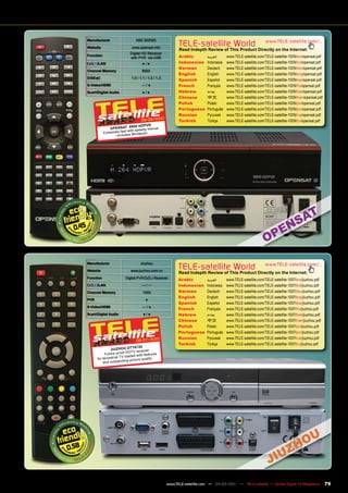 Manufacturer                     ABC BIZNIS
         Website                       www.opensat.info
                                                                     TELE-satellite World                              www.TELE-satellite.com/...
                                                                     Read Indepth Review of This Product Directly on the Internet:
                                      Digital HD Receiver
         Function                                                    Arabic         ‫العربية‬     www.TELE-satellite.com/TELE-satellite-1009/ara/opensat.pdf
                                      with PVR via USB
               /LAN                            ●/●                   Indonesian     Indonesia   www.TELE-satellite.com/TELE-satellite-1009/bid/opensat.pdf
                                                                     German         Deutsch     www.TELE-satellite.com/TELE-satellite-1009/deu/opensat.pdf
         Channel Memory                        8000
                                                                     English        English     www.TELE-satellite.com/TELE-satellite-1009/eng/opensat.pdf
         DiSEqC                        1.0 / 1.1 / 1.2 / 1.3
                                                                     Spanish        Español     www.TELE-satellite.com/TELE-satellite-1009/esp/opensat.pdf
         S-Video/HDMI                         —/●                    French         Français    www.TELE-satellite.com/TELE-satellite-1009/fra/opensat.pdf
         Scart/Digital Audio                   ●/●                   Hebrew         ‫עברית‬       www.TELE-satellite.com/TELE-satellite-1009/heb/opensat.pdf
                                                                     Chinese        中文          www.TELE-satellite.com/TELE-satellite-1009/man/opensat.pdf
                                                                     Polish         Polski      www.TELE-satellite.com/TELE-satellite-1009/pol/opensat.pdf
                                                                     Portuguese     Português   www.TELE-satellite.com/TELE-satellite-1009/por/opensat.pdf
                                                                     Russian	       Русский		   www.TELE-satellite.com/TELE-satellite-1009/rus/opensat.pdf
                                              08-09/2010             Turkish        Türkçe      www.TELE-satellite.com/TELE-satellite-1009/tur/opensat.pdf
                                         00 HDPV R
                         OPENSAT 99 speedy menue
                    Ex tre mely fast with ndsc an
                            - inc ludes Bli




  0.45



         Manufacturer                         Jiuzhou

         Website                       www.jiuzhou.com.cn
                                                                     TELE-satellite World                              www.TELE-satellite.com/...
                                                                     Read Indepth Review of This Product Directly on the Internet:
         Function                  Digital PVR          Receiver
                                                                     Arabic         ‫العربية‬     www.TELE-satellite.com/TELE-satellite-1007/ara/jiuzhou.pdf
               /LAN                           —/—                    Indonesian     Indonesia   www.TELE-satellite.com/TELE-satellite-1007/bid/jiuzhou.pdf
         Channel Memory                        1000                  German         Deutsch     www.TELE-satellite.com/TELE-satellite-1007/deu/jiuzhou.pdf
                                                                     English        English     www.TELE-satellite.com/TELE-satellite-1007/eng/jiuzhou.pdf
         PVR                                     ●
                                                                     Spanish        Español     www.TELE-satellite.com/TELE-satellite-1007/esp/jiuzhou.pdf
         S-Video/HDMI                          —/●
                                                                     French         Français    www.TELE-satellite.com/TELE-satellite-1007/fra/jiuzhou.pdf
         Scart/Digital Audio                   ●/●                   Hebrew         ‫עברית‬       www.TELE-satellite.com/TELE-satellite-1007/heb/jiuzhou.pdf
                                                                     Chinese        中文          www.TELE-satellite.com/TELE-satellite-1007/man/jiuzhou.pdf
                                                                     Polish         Polski      www.TELE-satellite.com/TELE-satellite-1007/pol/jiuzhou.pdf
                                                                     Portuguese     Português   www.TELE-satellite.com/TELE-satellite-1007/por/jiuzhou.pdf
                                                                     Russian	       Русский		   www.TELE-satellite.com/TELE-satellite-1007/rus/jiuzhou.pdf
                                          06-07/2010
                                                                     Turkish        Türkçe      www.TELE-satellite.com/TELE-satellite-1007/tur/jiuzhou.pdf
                                         T6720
                         JIUZHOU DT                 er
                                    HDTV rec eiv
                    Future- proof              th features
                                TV loaded wi
               for ter restrial      g pictur e quality
                   and outstandin




0.58



                                                               www.TELE-satellite.com — 04-05/201 — TELE-satellite — Global Digital TV Magazine
                                                                                                1                                                            79
 