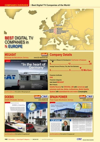 COmpAnIES OvERvIEW                                           Best Digital Tv Companies of the World




                                                                                                 H   SmARTWI

                                                                                             H mEGASAT
                                                                                    DOEBIS H H nAnOxx
                                                                              GOLDEn mEDIA H H mEDIA BROADCAST
                                                                                    SmART H H SpAUn pOWER
                                                                                            H SpAUn




BEST DIGITAL TV
COMPANIES in
N EUROPE
MEGASAT                                                                                Company Details
Wholesaler and Manufacturer, Germany                           www.b2c-electronic.de
                                                                                       Engineers in Research & Development | Total Number of Employees
                                                                                          ▼                                                                  ▼
                                                                                       0................................ 12 ...................................25
                                                                                       Average Turnover (Previous, This, Next Year Estimates)
                                                                                                                                              ▼
                                                                                       0.................................. 5 ...................10 Mio €uro

                                                                                       Production Certificates
                                                                                       DVB
                                                                                       Production Categories
                                                                                       own brand MEGASAT
                                                                                       Main Products
                                                                                       Satellite Receiver for DVB-S/S2, LNB with normal size and
                                                                                       extremely small size, dishes, multiswitches, Mobile Satellite
www.TELE-satellite.com/TELE-satellite-1109/eng/megasat.pdf                             Systems with automatized two axis motors (CampingSat)


DOEBIS                                                                                 SPAUN POWER
                                                                                       Address
                                                                                       b2c - electronic GmbH
Satellite Wholesaler, Germany                                        www.doebis.de     Power Supply Manufacturer, Germany                          www.spaun.com
                                                                                       Industriestrasse 4a
                                                                                       97618 Niederlauer/S.
                                                                                       GERMANY
                                                                                       Tel +49-9771-63567-100

                                           Download Report                             www.TELE-satellite.com/TELE-satellite-1109/eng/megasat.pdf




www.TELE-satellite.com/TELE-satellite-1011/eng/doebis.pdf                              www.TELE-satellite.com/TELE-satellite-1011/eng/spaun.pdf




162 TELE-satellite — Global Digital TV Magazine — 08-09/201 — www.TELE-satellite.com
                                                          1                                                                                       – Operator Market Qualified
 