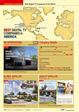 COmpAnIES OvERvIEW                                             Best Digital Tv Companies of the World




                                                                             H   SATmAn


                                                                                          H   mFC
                                         SEATEL H                            SADOUn H
                                WS InTERnATIOnAL H
                                       SOnICvIEW H                   H   COWmIx
                                QUALITY SATELLITE H
                                                                                              GLOBAL SATELLITE

BEST DIGITAL TV
                                                                                          H
                                                                                          H   SEATEL




COMPANIES in
AMERICA
WS INTERNATIONAL                                                                                    Company Details
Wholesaler and Manufacturer, USA                                          www.wsidigital.com
                                                                                                    Engineers in Research & Development | Total Number of Employees
                                                                                                      ▼                                 ▼
                                                                                                    0................................ 10 ...................................20
                                                                                                    Average Turnover (Previous, This, Next Year Estimates)
                                                                                                                                                           ▼
                                                                                                    0............................... 2.5 ..................... 5 Mio U$D

                                                                                                    Production Certificates
                                                                                                    DVB
                                                                                                    Production Categories
                                                                                                    own brands LEXIUM
                                                                                                    Main Products
                                                                                                    Receiver for DVB-S, dishes 75cm up to 4.5m, LNB and LNB
                                                                                                    holders for KU and C band, DiSEqC switches, signal analyzers
www.TELE-satellite.com/TELE-satellite-1109/eng/wsinternational.pdf




GLOBAL SATELLITE                                                                                    QUALITY SATELLITE
Satellite Dealer, USA                                                                               Satellite Dealer, USA




www.TELE-satellite.com/TELE-satellite-1007/eng/globalsatellite.pdf                                  www.TELE-satellite.com/TELE-satellite-1005/eng/qualitysatellite.pdf




174 TELE-satellite — Global Digital TV Magazine — 08-09/201 — www.TELE-satellite.com
                                                          1                                                                                                               – Operator Market Qualified
 