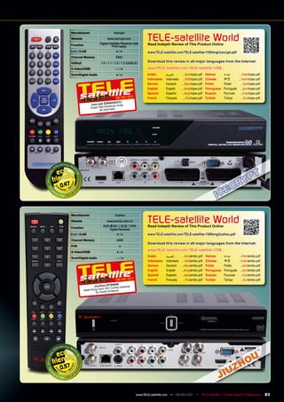 manufacturer                     Icecrypt
       Website

       Function
                                   www.icecrypt.com
                             Digital Satellite Receiver with
                                                                 TELE-satellite World
                                                                 Read Indepth Review of This product Online
                                       PVR ready
             /LAn                         ●/●                    www.TELE-satellite.com/TELE-satellite-1109/eng/icecrypt.pdf
       Channel memory                    5000
       DiSEqC                 1.0 / 1.1 / 1.2 / 1.3 (USALS)      Download this review in all major languages from the Internet:

       S-video/HDmI                      —/●                     www.TELE-satellite.com/TELE-satellite-1109...
       Scart/Digital Audio                ●/●                    Arabic       ‫العربية‬      .../ara/inpax.pdf    Hebrew       ‫עברית‬      .../heb/inpax.pdf
                                                                 Indonesian   Indonesia    .../bid/inpax.pdf    Chinese      中文	       .../man/inpax.pdf
                                                                 German       Deutsch     .../deu/inpax.pdf     Polish       Polski      .../pol/inpax.pdf
                                                                 English      English     .../eng/inpax.pdf     Portuguese   Português .../por/inpax.pdf
                                                                 Spanish      Español     .../esp/inpax.pdf     Russian	     Русский	 .../rus/inpax.pdf
                                                 1
                                         08-09/201               French       Français      .../fra/inpax.pdf   Turkish      Türkçe       .../tur/inpax.pdf
                                        0HDCCI
                       Icecr ypt S300 an finds
                                      ndsc
                       Super fast bli
                              all channels




0.47



       manufacturer

                                                                 TELE-satellite World
                                         Jiuzhou

       Website                    www.jiuzhou.com.cn

       Function
                                     /       ,        PVR        Read Indepth Review of This product Online
                                     Digital Receiver
             /LAn                         ●/●                    www.TELE-satellite.com/TELE-satellite-1109/eng/jiuzhou.pdf
       Channel memory                     4000
                                                                 Download this review in all major languages from the Internet:
       pvR                                  ●

       S-video/HDmI                       ●/●
                                                                 www.TELE-satellite.com/TELE-satellite-1109...

       Scart/Digital Audio                —/●
                                                                 Arabic       ‫العربية‬    .../ara/amiko.pdf Hebrew    ‫עברית‬                .../heb/amiko.pdf
                                                                 Indonesian   Indonesia .../bid/amiko.pdf Chinese    中文	                 .../man/amiko.pdf
                                                                 German       Deutsch .../deu/amiko.pdf Polish       Polski                .../pol/amiko.pdf
                                                                 English      English   .../eng/amiko.pdf Portuguese Português             .../por/amiko.pdf
                                                                 Spanish      Español   .../esp/amiko.pdf Russian	   Русский	              .../rus/amiko.pdf
                                                 1
                                         08-09/201               French       Français    .../fra/amiko.pdf Turkish  Türkçe                 .../tur/amiko.pdf
                                          69 6
                            Jiuzhou DTS6mbo receiver
                                  m HD Co
                  Ideal living roo uth America
                             for So




0.57



                                                          www.TELE-satellite.com — 08-09/201 — TELE-satellite — Global Digital TV Magazine
                                                                                           1                                                                    83
 