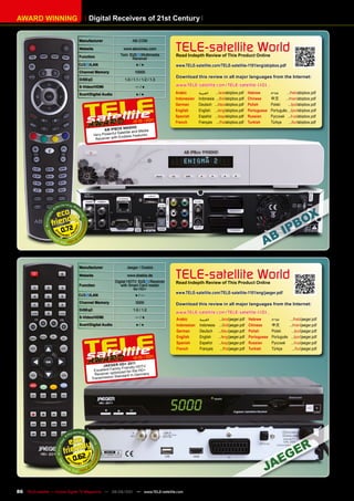 AWARD WInnInG                       Digital Receivers of 21st Century

                               manufacturer                      AB-COM

                               Website

                               Function
                                                           www.abcomeu.com
                                                         Twin        Multimedia
                                                                                     TELE-satellite World
                                                                                     Read Indepth Review of This product Online
                                                                 Receiver
                                    /LAn                           ●/●               www.TELE-satellite.com/TELE-satellite-1101/eng/abipbox.pdf
                               Channel memory                     10000
                                                                                     Download this review in all major languages from the Internet:
                               DiSEqC                       1.0 / 1.1 / 1.2 / 1.3
                               S-video/HDmI                        —/●               www.TELE-satellite.com/TELE-satellite-1101...
                               Scart/Digital Audio                 ●/●               Arabic       ‫العربية‬   .../ara/abipbox.pdf      Hebrew       ‫עברית‬    .../heb/abipbox.pdf
                                                                                     Indonesian   Indonesia .../bid/abipbox.pdf      Chinese      中文	 .../man/abipbox.pdf
                                                                                     German       Deutsch .../deu/abipbox.pdf        Polish       Polski    .../pol/abipbox.pdf
                                                                                     English      English .../eng/abipbox.pdf        Portuguese   Português .../por/abipbox.pdf
                                                                                     Spanish      Español .../esp/abipbox.pdf        Russian	     Русский	 .../rus/abipbox.pdf
                                                                         1
                                                                 12-01/201           French       Français .../fra/abipbox.pdf       Turkish      Türkçe     .../tur/abipbox.pdf
                                                               00 HD
                                               AB IpBOx 99            Media
                                                      l Satellite and
                                         Very Powerfu       dless Features
                                                         En
                                          Receiver with




                      0.72




                               manufacturer                  Jaeger / Doebis

                               Website                       www.doebis.de
                                                      Digital HDTV        Receiver
                                                                                     TELE-satellite World
                                                                                     Read Indepth Review of This product Online
                               Function                  with Smart Card reader
                                                                 for HD+
                                    /LAn                           ●/—
                                                                                     www.TELE-satellite.com/TELE-satellite-1101/eng/jaeger.pdf

                               Channel memory                      5000              Download this review in all major languages from the Internet:
                               DiSEqC                            1.0 / 1.2
                                                                                     www.TELE-satellite.com/TELE-satellite-1101...
                               S-video/HDmI                        —/●
                                                                                     Arabic       ‫العربية‬      .../ara/jaeger.pdf    Hebrew       ‫עברית‬        .../heb/jaeger.pdf
                               Scart/Digital Audio                 ●/●               Indonesian   Indonesia    .../bid/jaeger.pdf    Chinese      中文	         .../man/jaeger.pdf
                                                                                     German       Deutsch     .../deu/jaeger.pdf     Polish       Polski        .../pol/jaeger.pdf
                                                                                     English      English     .../eng/jaeger.pdf     Portuguese   Português     .../por/jaeger.pdf
                                                                                     Spanish      Español     .../esp/jaeger.pdf     Russian	     Русский	      .../rus/jaeger.pdf
                                                                                     French       Français      .../fra/jaeger.pdf   Turkish      Türkçe         .../tur/jaeger.pdf
                                                                         1
                                                                 12-01/201
                                                           + 2011
                                            JAEGER HD                 TV
                                                      ly Fr iendly HD
                                       Excellent Fami ized for the HD+
                                        Receiver optim dard in Germany
                                                   Stan
                                      Transmission




                            0.62



86 TELE-satellite — Global Digital TV Magazine — 08-09/201 — www.TELE-satellite.com
                                                         1
 