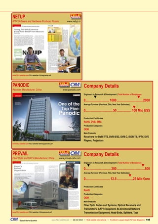 NETUP	
IPTV Software and Hardware Producer, Russia	 www.netup.ru
www.TELE-satellite.com/TELE-satellite-1101/eng/netup.pdf
PANODIC	
Receiver Manufacturer, China	 www.panodic.com
www.TELE-satellite.com/TELE-satellite-1201/eng/panodic.pdf
Company Details
Engineers in Research & Development | Total Number of Employees
▼ ▼
0............................1000................................2000
Average Turnover (Previous, This, Next Year Estimates)
▼
0................................50.................. 100 Mio US$
Production Certificates
RoHS, DVB, EMC
Production Categories
OEM
Main Products
Receivers for DVB-T/T2, DVB-S/S2, DVB-C, ISDB-TB, IPTV, DVD
Players, Projectors
PREVAIL	
Fiber Optic and CATV Manufacturer, China	 www.prevail-catv.com
www.TELE-satellite.com/TELE-satellite-1105/eng/prevail.pdf
Company Details
Engineers in Research & Development | Total Number of Employees
▼ ▼
0..............................250..................................500
Average Turnover (Previous, This, Next Year Estimates)
▼
0.............................12.5....................25 Mio €uro
Production Certificates
RoHS
Production Categories
OEM
Main Products
Fiber Optic Nodes and Systems, Optical Receivers and
Transmitters, CATV Equipment, Bi-directional Network
Transmission Equipment, Head-Ends, Splitters, Taps
195
– Operator Market Qualified www.TELE-satellite.com — 02-03/2012 — TELE-satellite International — The World‘s Largest Digital TV Trade Magazine
 