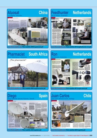 Aluosat	 China
Luo Shigang, Shenzhen
www.TELE-satellite.com/TELE-satellite-0905/eng/aluosat.pdf
Pharmacist	 South Africa
Pieter Redelinghuys, Klerksdorp
www.TELE-satellite.com/TELE-satellite-0901/eng/pharmacist.pdf
Diego	 Spain
Diego Fernando Sanchez Rosende, Tenerife
www.TELE-satellite.com/TELE-satellite-0901/eng/dxer.pdf
Feedhunter	 Netherlands
Rini de Weijze, Amsterdam
www.TELE-satellite.com/TELE-satellite-0811/eng/feedhunter-rini.pdf
Ron	 Netherlands
Ron Eberson, Amsterdam
www.TELE-satellite.com/TELE-satellite-0811/eng/ka-band.pdf
Juan Carlos	 Chile
Juan Carlos Miranda Duarte, Santiago
www.TELE-satellite.com/TELE-satellite-0807/eng/chile.pdf
233
www.TELE-satellite.com — 02-03/2012 — TELE-satellite International — The World‘s Largest Digital TV Trade Magazine
 