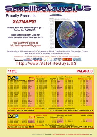 113°EPALAPA D
	113°E
Network Name	 Indosat 01
Transmitter	 PALAPA D 4.080H
Recording	 Vincent Witjhun
Remark	 MPEG-2 and H.264
PID	 Hex PID	 Stream Type Encrypted kbps	 %	 Service Name
513	 0x0201	 MPEG2 Video	 -	 6136.76	 18.47	 MetroTV
516	 0x0204	 MPEG2 Video	 -	 2688.50	 8.09	 NHK
519	 0x0207	 H.264 Video	 -	 2557.16	 7.69	 CH10
512	 0x0200	 MPEG2 Video	 -	 2412.66	 7.26	 CH3
515	 0x0203	 MPEG2 Video	 -	 2305.19	 6.94	 Spacetoon
514	 0x0202	 MPEG2 Video	 -	 2098.78	 6.32	 Lejel
2102	 0x0836	 MPEG2 Video	 -	 2083.89	 6.27	 CH 20
1902	 0x076E	 MPEG2 Video	 -	 2057.68	 6.19	 Ch 19
1802	 0x070A	 MPEG2 Video	 -	 2053.75	 6.18	 Ch 18
518	 0x0206	 MPEG2 Video	 -	 1760.92	 5.30	 CH7
517	 0x0205	 MPEG2 Video	 -	 1557.64	 4.69	 CH6
520	 0x0208	 H.264 Video	 -	 511.41	 1.54	 CH11
664	 0x0298	 MPEG Audio	 -	 262.63	 0.79	 MTA FM
1903	 0x076F	 MPEG Audio	 -	 262.59	 0.79	 Ch 19
657	 0x0291	 MPEG Audio	 -	 262.59	 0.79	 CH10
656	 0x0290	 MPEG Audio	 -	 262.59	 0.79	 CH7
654	 0x028E	 MPEG Audio	 -	 262.59	 0.79	 NHK
653	 0x028D	 MPEG Audio	 -	 262.59	 0.79	 Spacetoon
652	 0x028C	 MPEG Audio	 -	 262.59	 0.79	 Lejel
651	 0x028B	 MPEG Audio	 -	 262.59	 0.79	 MetroTV
650	 0x028A	 MPEG Audio	 -	 262.59	 0.79	 CH3
2103	 0x0837	 MPEG Audio	 -	 262.54	 0.79	 CH 20
1803	 0x070B	 MPEG Audio	 -	 262.54	 0.79	 Ch 18
666	 0x029A	 MPEG Audio	 -	 262.54	 0.79	 POP FM
665	 0x0299	 MPEG Audio	 -	 262.54	 0.79	 BBC
658	 0x0292	 MPEG Audio	 -	 262.54	 0.79	 CH11
655	 0x028F	 MPEG Audio	 -	 262.54	 0.79	 CH6
1804	 0x070C	 MPEG Audio	 -	 131.67	 0.40	 Rodja
2001	 0x07D1	 MPEG Audio	 -	 66.18	 0.20	 Reda Crossa
1904	 0x0770	 MPEG Audio	 -	 66.18	 0.20	 Radio 19
8190	 0x1FFE	PCR	 -	 44.28	 0.13	 N/A
202	 0x00CA	PCR	 -	 39.65	 0.12	 N/A
2101	0x0835	PCR	 -	 39.60	0.12	 N/A
1901	 0x076D	PCR	 -	 39.60	 0.12	 N/A
211	 0x00D3	PCR	 -	 39.60	 0.12	 N/A
210	 0x00D2	PCR	 -	 39.60	 0.12	 N/A
207	 0x00CF	PCR	 -	 39.60	 0.12	 N/A
206	 0x00CE	PCR	 -	 39.60	 0.12	 N/A
205	 0x00CD	PCR	 -	 39.60	 0.12	 N/A
204	 0x00CC	PCR	 -	 39.60	 0.12	 N/A
203	 0x00CB	PCR	 -	 39.60	 0.12	 N/A
201	 0x00C9	PCR	 -	 39.60	 0.12	 N/A
1801	0x0709	PCR	 -	 39.55	0.12	 N/A
1	 0x0001	CAT	 -	 15.03	0.05	 N/A
0	 0x0000	PAT	 -	 15.03	0.05	 N/A
107	 0x006B	PMT	 -	 13.25	 0.04	 CH7
106	 0x006A	PMT	 -	 13.25	 0.04	 CH6
104	 0x0068	PMT	 -	 13.25	0.04	 Spacetoon
103	 0x0067	PMT	 -	 13.25	0.04	 CH3
102	 0x0066	PMT	 -	 13.25	0.04	 MetroTV
2900	 0x0B54	 PMT	 -	 13.20	 0.04	 Radio 19
2800	 0x0AF0	PMT	 -	 13.20	 0.04	 Rodja
2100	 0x0834	 PMT	 -	 13.20	 0.04	 CH 20
2000	 0x07D0	 PMT	 -	 13.20	 0.04	 Reda Crossa
1900	 0x076C	 PMT	 -	 13.20	 0.04	 Ch 19
1800	 0x0708	 PMT	 -	 13.20	 0.04	 Ch 18
117	 0x0075	 PMT	 -	 13.20	 0.04	 POP FM
116	 0x0074	PMT	 -	 13.20	0.04	 BBC
115	 0x0073	PMT	 -	 13.20	0.04	 68H
114	 0x0072	 PMT	 -	 13.20	 0.04	 MTA FM
111	 0x006F	PMT	 -	 13.20	 0.04	 CH11
110	 0x006E	PMT	 -	 13.20	 0.04	 CH10
105	 0x0069	PMT	 -	 13.20	0.04	 NHK
101	 0x0065	PMT	 -	 13.20	0.04	 Lejel
17	 0x0011	SDT	 -	 4.54	0.01	 N/A
16	 0x0010	NIT	 -	 0.19	0.00	 N/A
20	 0x0014	TOT	 -	 0.05	0.00	 N/A
TELE-satellite Technical Service File Download for TELE-satellite Cooperation Partners Only
Duration: 1 Min, File Size: 133 MB ts.TELE-satellite.com/DVB-S/113/PALAPA-4080H-1110.ts
	113°E
Network Name	 NoName
Transmitter	 PALAPA D 4.185V
Recording	 Vincent Witjhun
PID	 Hex PID	 Stream Type Encrypted kbps	 %	 Service Name
1110	 0x0456	 MPEG2 Video	 -	 7750.06	 92.87	 MNCTV Selalu di Hati
1211	 0x04BB	 MPEG Audio	 -	 268.68	 3.22	 MNCTV Selalu di Hati
1213	 0x04BD	 MPEG Audio	 -	 268.31	 3.22	 R.DANGDUT TPI
0	 0x0000	PAT	 -	 17.27	0.21	 N/A
1002	 0x03EA	 PMT	 -	 17.08	 0.20	 R.DANGDUT TPI
1001	0x03E9	PMT	 -	 16.90	 0.20	 MNCTV Selalu di Hati
18	 0x0012	EIT	 -	 5.01	0.06	 N/A
17	 0x0011	SDT	 -	 1.49	0.02	 N/A
20	 0x0014	TOT	 -	 0.19	0.00	 N/A
16	 0x0010	NIT	 -	 0.19	0.00	 N/A
TELE-satellite Technical Service File Download for TELE-satellite Cooperation Partners Only
Duration: 30 Sec, File Size: 32 MB ts.TELE-satellite.com/DVB-S/113/PALAPA-4185V-1110.ts
245
www.TELE-satellite.com — 02-03/2012 — TELE-satellite International — The World‘s Largest Digital TV Trade Magazine
 