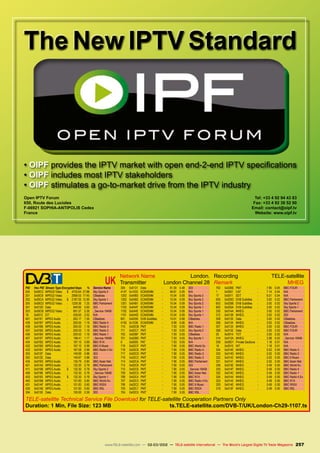 UK
Network Name	 London.
Transmitter	 London Channel 28
Recording	TELE-satellite
Remark	 MHEG
PID	 Hex PID	 Stream Type Encrypted kbps	 %	 Service Name
204	 0x00CC	 MPEG2 Video	 $	 4725.64	 27.88	 Sky Sports 2
201	 0x00C9	 MPEG2 Video	 -	 2958.53	 17.45	 CBeebies
202	 0x00CA	 MPEG2 Video	 $	 2187.05	 12.90	 Sky Sports 1
205	 0x00CD	 MPEG2 Video	 -	 1229.36	 7.25	 BBC Parliament
301	 0x012D	Data	 -	 949.95	 5.60	 303
203	 0x00CB	 MPEG2 Video	 -	 891.57	 5.26	 _Service 19456
18	 0x0012	EIT	 -	 426.65	2.52	 N/A
401	 0x0191	 MPEG Audio	 -	 263.17	 1.55	 CBeebies
439	 0x01B7	 MPEG Audio	 -	 200.55	 1.18	 BBC Radio 4
438	 0x01B6	 MPEG Audio	 -	 200.53	 1.18	 BBC Radio 3
437	 0x01B5	 MPEG Audio	 -	 200.53	 1.18	 BBC Radio 2
436	 0x01B4	 MPEG Audio	 -	 200.53	 1.18	 BBC Radio 1
407	 0x0197	 MPEG Audio	 -	 198.41	 1.17	 _Service 19456
434	 0x01B2	 MPEG Audio	 -	 167.10	 0.99	 BBC R1X
432	 0x01B0	 MPEG Audio	 -	 167.10	 0.99	 BBC 6 Music
433	 0x01B1	 MPEG Audio	 -	 167.08	 0.99	 BBC Radio 4 Ex
303	 0x012F	Data	 -	 149.99	 0.88	 303
302	 0x012E	Data	 -	 149.97	 0.88	 303
435	 0x01B3	 MPEG Audio	 -	 135.79	 0.80	 BBC Asian Net.
421	 0x01A5	 MPEG Audio	 -	 132.30	 0.78	 BBC Parliament
411	 0x019B	 MPEG Audio	 $	 132.30	 0.78	 Sky Sports 2
408	 0x0198	 MPEG Audio	 -	 132.30	 0.78	 _Service 19456
403	 0x0193	 MPEG Audio	 $	 132.30	 0.78	 Sky Sports 1
440	 0x01B8	 MPEG Audio	 -	 101.83	 0.60	 BBC World Sv.
431	 0x01AF	 MPEG Audio	 -	 101.83	 0.60	 BBC R5SX
430	 0x01AE	 MPEG Audio	 -	 101.83	 0.60	 BBC R5L
304	 0x0130	Data	 -	 100.00	0.59	 303
305	 0x0131	Data	 -	 81.00	0.48	 303
4147	0x1033	ECM/EMM	 -	 48.81	0.29	 N/A
1203	 0x04B3	 ECM/EMM	 -	 15.04	 0.09	 Sky Sports 2
1202	 0x04B2	 ECM/EMM	 -	 15.04	 0.09	 Sky Sports 2
1201	 0x04B1	 ECM/EMM	 -	 15.04	 0.09	 Sky Sports 2
1103	 0x044F	 ECM/EMM	 -	 15.04	 0.09	 Sky Sports 1
1102	 0x044E	 ECM/EMM	 -	 15.04	 0.09	 Sky Sports 1
1101	 0x044D	 ECM/EMM	 -	 15.04	 0.09	 Sky Sports 1
601	 0x0259	 DVB Subtitles	 -	 14.01	 0.08	 CBeebies
4150	0x1036	ECM/EMM	 -	 9.99	0.06	 N/A
715	 0x02CB	 PMT	 -	 7.93	 0.05	 BBC Radio 1
711	 0x02C7	 PMT	 -	 7.93	 0.05	 Sky Sports 2
703	 0x02BF	PMT	 -	 7.93	 0.05	 CBeebies
701	 0x02BD	 PMT	 -	 7.93	 0.05	 Sky Sports 1
0	 0x0000	PAT	 -	 7.93	0.05	 N/A
719	 0x02CF	 PMT	 -	 7.90	 0.05	 BBC World Sv.
718	 0x02CE	 PMT	 -	 7.90	 0.05	 BBC Radio 4
717	 0x02CD	 PMT	 -	 7.90	 0.05	 BBC Radio 3
716	 0x02CC	 PMT	 -	 7.90	 0.05	 BBC Radio 2
714	 0x02CA	 PMT	 -	 7.90	 0.05	 BBC Parliament
712	 0x02C8	PMT	 -	 7.90	 0.05	 303
710	 0x02C6	 PMT	 -	 7.90	 0.05	 _Service 19456
709	 0x02C5	 PMT	 -	 7.90	 0.05	 BBC Asian Net.
708	 0x02C4	 PMT	 -	 7.90	 0.05	 BBC R1X
707	 0x02C3	 PMT	 -	 7.90	 0.05	 BBC Radio 4 Ex
706	 0x02C2	 PMT	 -	 7.90	 0.05	 BBC 6 Music
705	 0x02C1	 PMT	 -	 7.90	 0.05	 BBC R5SX
704	 0x02C0	 PMT	 -	 7.90	 0.05	 BBC R5L
702	 0x02BE	 PMT	 -	 7.90	 0.05	 BBC FOUR
1	 0x0001	CAT	 -	 7.14	0.04	 N/A
17	 0x0011	SDT	 -	 6.01	0.04	 N/A
605	 0x025D	 DVB Subtitles	 -	 3.00	 0.02	 BBC Parliament
603	 0x025B	 DVB Subtitles	 -	 3.00	 0.02	 Sky Sports 2
602	 0x025A	 DVB Subtitles	 -	 3.00	 0.02	 Sky Sports 1
330	 0x014A	 MHEG	 -	 3.00	 0.02	 BBC Parliament
312	 0x0138	MHEG	 -	 3.00	0.02	 303
309	 0x0135	Data	 -	 3.00	0.02	 CBeebies
308	 0x0134	MHEG	 -	 3.00	0.02	 CBeebies
307	 0x0133	 MHEG	 -	 3.00	 0.02	 BBC FOUR
306	 0x0132	 Data	 -	 3.00	 0.02	 BBC FOUR
20	 0x0014	TOT	 -	 3.00	0.02	 N/A
314	 0x013A	 MHEG	 -	 2.98	 0.02	 _Service 19456
209	 0x00D1	 Private Sections	 -	 1.18	 0.01	 N/A
16	 0x0010	NIT	 -	 1.18	0.01	 N/A
334	 0x014E	 MHEG	 -	 0.52	 0.00	 BBC Radio 3
333	 0x014D	 MHEG	 -	 0.52	 0.00	 BBC Radio 2
322	 0x0142	 MHEG	 -	 0.52	 0.00	 BBC 6 Music
321	 0x0141	 MHEG	 -	 0.52	 0.00	 BBC Asian Net.
336	 0x0150	 MHEG	 -	 0.49	 0.00	 BBC World Sv.
335	 0x014F	 MHEG	 -	 0.49	 0.00	 BBC Radio 4
332	 0x014C	 MHEG	 -	 0.49	 0.00	 BBC Radio 1
324	 0x0144	 MHEG	 -	 0.49	 0.00	 BBC Radio 4 Ex
323	 0x0143	 MHEG	 -	 0.49	 0.00	 BBC R1X
320	 0x0140	 MHEG	 -	 0.49	 0.00	 BBC R5SX
319	 0x013F	 MHEG	 -	 0.49	 0.00	 BBC R5L
TELE-satellite Technical Service File Download for TELE-satellite Cooperation Partners Only
Duration: 1 Min, File Size: 123 MB ts.TELE-satellite.com/DVB-T/UK/London-Ch29-1107.ts
The New IPTV Standard
• OIPF provides the IPTV market with open end-2-end IPTV specifications
• OIPF includes most IPTV stakeholders
• OIPF stimulates a go-to-market drive from the IPTV industry
Open IPTV Forum
650, Route des Lucioles
F-06921 SOPHIA-ANTIPOLIS Cedex
France
Tel: +33 4 92 94 43 83
Fax: +33 4 92 38 52 90
Email: contact@oipf.tv
Website: www.oipf.tv
257
www.TELE-satellite.com — 02-03/2012 — TELE-satellite International — The World‘s Largest Digital TV Trade Magazine
 
