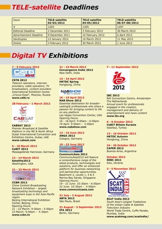 TELE-satellite Deadlines
Issue TELE-satellite
02-03/2012
TELE-satellite
04-05/2012
TELE-satellite
06-07-08/2012
# 1203 1205 1207
Editorial Deadline 2 December 2011 3 February 2012 30 March 2012
Advertisement Deadline 9 December 2011 10 February 2012 6 April 2012
Hardcopies 13 January 2012 16 March 2012 11 May 2012
Online 3 February 2012 30 March 2012 1 June 2012
7 - 9 February 2012
CSTB 2012
Telecom operators, internet-
providers, cable operators, TV
broadcasters, content providers
International Exhibition Center
„Crocus Expo“, Moscow, Russia
www.cstb.ru
28 February - 1 March 2012
CABSAT 2012
Premier Broadcast  Satellite
Platform in the ME  North Africa
Dubai International Convention and
Exhibition Centre, Dubai, UAE
www.cabsat.com
6 - 10 March 2012
CeBIT 2012
Messegelände Hannover, Germany
12 - 14 March 2012
Satellite2012
Washington, USA
21 - 23 March 2012
CCBN 2012
China Content Broadcasting
Network Exhibition - largest
broadcasting technology and
equipment expo in the Asia-Pacific
region
Beijing International Exhibition
Center, Beijing, China
Opening Hours:
21 - 22 March: 9:00am - 5:00pm
23 March: 9:00am - 4:30pm
www.ccbn.tv
21 - 23 March 2012
Convergence India 2012
New Delhi, India
13 - 16 April 2012
HKTDC Spring
Hongkong, China
16 - 19 April 2012
NAB Show 2012
Essential destination for broader-
casting® professionals who share a
passion for bringing content to life
on any platform
Las Vegas Convention Center, USA
Opening Hours:
16 - 18 April: 9:00am - 6:00pm
19 April: 9:00am - 2:00pm
www.nabshow.com
12 - 16 June 2012
ANGA 2012
Cologne, Germany
19 - 22 June 2012
CommunicAsia 2012
CommunicAsia2012 will feature
a comprehensive range of the
latest products, technologies and
solutions, and offer an enhanced
platform for business networking
and partnership opportunities.
Basement 2, Levels 1, 4  5
Marina Bay Sands, Singapore
Opening Hours:
19 - 21 June: 10:30am - 6:00pm
22 June: 10:30am - 4:00pm
www.communicasia.com
31 July - 2 August 2012
ABTA 2012
São Paulo, Brasil
31 August - 5 September 2012
IFA 2012
Berlin, Germany
7 - 11 September 2012
IBC 2012
RAI Convention Centre, Amsterdam
The Netherlands
Annual event for professionals
engaged in the creation,
management and delivery of
entertainment and news content
www.ibc.org
6 - 9 October 2012
CeBIT Bilisim Eurasia
Istanbul, Turkey
13 - 16 October 2012
HKTDC Autumn
Hongkong, China
24 - 26 October 2012
CAPER 2012
Buenos Aires, Argentina
October 2012
EEBC 2011
Kiev, Ukraine
3 - 5 November 2012
SCaT India 2012
South Asia‘s Largest Tradeshow
of the Indian Cable  Satellite
Television Industry
World Trade Centre, Cuffe Parade,
Mumbai, India
www.scatmag.com/scatindia/
Digital TV Exhibitions
 