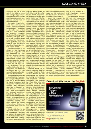 45
www.TELE-satellite.com — 02-03/2012 — TELE-satellite International — The World‘s Largest Digital TV Trade Magazine
äußert hell und klar, so dass
es im Freien selbst an einem
sehr sonnigen Tag gut abge-
lesen werden kann. Auch an
einen Lautsprecher mit aus-
reichend Volumen hat der
Hersteller gedacht.
Das Digipro C Max Profes-
sional kann entweder mit
einem vorprogrammierten
Kanalbandplan verwendet
werden oder man verlässt
sich auf einen Blindscan
der gesamten Empfangs-
bandbreite. Allerdings ist zu
beachten, dass jene Mühe,
die in die Erstellung eines
grundlegenden Kanalband-
plans gesteckt wird, sich
später in Form von deutlich
schnelleren Messungen viel-
fach bezahlt macht.
Um einen Bandplan zu er-
stellen wird das Menü des
Messgerät aufgerufen und
dort der Eintrag „Edit Chan-
nel Item“ gewählt. Hier gibt
man nun den Namen des
gewünschten Kanals (die
meisten Anwender werden
wohl Standardkanalbezeich-
nungen wie z.B. S02, S28,
K32) verwenden), die Art
des Bandes (analog oder di-
gital) sowie eine Reihe von
Parametern wie z.B. Fre-
quenz, Modulation, Symbol-
rate oder Bandbreite an.
Selbstverständlich gibt es
unterschiedliche Parameter
für analoge und digitale Ka-
näle und so wird nun Kanal
für Kanal eingegeben und
im Speicher des Messgeräts
abgelegt. Diese Liste an Ka-
nälen, die im Netzwerk ei-
nes Anbieters vorhanden
sind, wird schlussendlich
als Bandplan bezeichnet.
Sobald der Bandplan kor-
rekt erstellt und eingegeben
wurde, kann das Menü mit
der automatischen Messung
aufgerufen werden. So-
gleich beginnt das Digipro
C Max mit dem Einlesen der
Frequenzen, eine nach der
anderen.
Selbstverständlich ist es
aber auch möglich, ein völ-
lig unbekanntes Netzwerk
zu scannen. In diesem Fall
macht das SatCatcher Mess-
gerät etwas sehr cleveres:
Es erkennt automatisch alle
analogen Kanäle sowie die
QAM Modi und Symbolra-
ten der DVB-C Frequenzen.
Bei Analogfrequenzen zeigt
es die Audio- und Videofre-
quenz zusammen mit deren
Signalpegel und S/N Verhält-
nis, während die Messergeb-
nisanzeige eines digitalen
Signals natürlich komplexer
ausfällt. Nicht nur werden
Signalfrequenz, QAM, Sym-
bolrate, Signalstärke, Modu-
lation Error Ratio (MER) und
Carrier to Noise Wert (C/N)
angezeigt, sondern auch
eine grafische Aufbereitung
der Werte – das Konstellati-
onsdiagramm. Diese ist per-
fekt geeignet, um die Sig-
nalqualität optisch auf einen
Blick beurteilen zu können.
Je dichter die Konzentration
der grünen Punkte im Zen-
trum der Quadrate, desto
weniger verrauscht ist das
Signal. Natürlich ist so eine
optische Beurteilung eher
subjektiv und nicht beson-
ders genau, deshalb werden
auch Zahlenwerte zu MER
und C/N dargestellt, die der
Qualität des Eingangssignals
entsprechen.
Außerdem bietet das Di-
gipro C Max eine Spektru-
manzeige. Sie glänzt durch
deutliche Anzeige des Fre-
quenzbandes mit variabler
Darstellung von Bandbreite
und Amplitude. Folgende
Bandbreiten sind einstell-
bar: Full, 500, 200, 100,
50, 32 ,16 und 8 MHz. Die
maximale Amplitude kann
zwischen 60 und 120 dbµV
in 10 dbµV Schritten fest-
gelegt werden. Generell
erzeugt das Messgerät ein
sehr gut und deutlich lesba-
res Spektralbild und es dau-
ert nicht lange, die gesamte
Bandbreite einzulesen.
Selbst das optisch schöns-
te Messgerät, und das Digi-
pro C Max sieht wirklich gut
aus, wäre sein Geld nicht
wert, würde es ungenaue
Messergebnisse liefern.
Deshalb haben wir die mit
ihm ermittelten Werte mit
denen eines anderen high-
end Profi-Messgeräts vergli-
chen. Dabei hat es uns sehr
gefreut feststellen zu kön-
Download this report in English
www.TELE-satellite.com/
TELE-satellite-1203/
eng/satcatcher.pdf	
nen, dass die Messergebnis-
se perfekt übereinstimmen.
Die Details dazu finden Sie
in Tabelle 1 und Tabelle 2.
Sowohl für analoge als
auch digitale Signale waren
die Pegelmessungen prak-
tisch identisch und auch die
MER Werte stimmten na-
hezu überein. Die einzigen
Unterschiede zeigten sich
bei der S/N Messung, was
jedoch bei unterschiedli-
chen Messgeräteherstel-
lern durchaus normal ist.
Der technische Hintergrund
hierfür liegt darin, dass die
S/N Messung von der ge-
nauen Frequenz abhängt,
die ein Messgerät als Refe-
renzwert für das Rauschen
annimmt. Daher können S/N
und C/N Werte nur zwischen
Messgeräten desselben
Typs, aber nicht hersteller-
oder produktübergreifend
verglichen werden.
Ein viel zuverlässigerer
Parameter für die Signal-
qualität ist die MER, sie
kann mit unterschiedlichs-
ten Messgeräten ermittelt
werden und es können im-
mer dieselben Resultate
erwartet werden. Unsere
generelle Zusammenfas-
sung: Das Digipro C Max ist
ein sehr präzises Messgerät,
auf dessen Mess-ergebnisse
man sich im Bereich MER
und Signalpegel absolut
verlassen kann.
Ein besonderes Highlight
ist noch ein zusätzliches
Features des neuen SatCat-
cher Messgeräts: Das Digi-
pro C-Max kann nicht nur
Signalpegel und Parameter
messen, sondern auch digi-
tales Audio und Video eines
Kanals wiedergeben. Hat es
erstmal ein Signal gefun-
den, so liest es die NIT des
Transportstreams aus und
stellt die gefundenen TV-
und Radioprogramme dar.
Nun muss der Anwender
den gewünschten Sender
nur noch auswählen und auf
eine Taste drücken.
Selbstverständlich funk-
tioniert die Darstellung nur
mit FTA Sendern, da das
Messgerät über keinen CI
Slot oder Kartenleser ver-
fügt und daher verschlüssel-
te Programme nicht sichtbar
machen kann. Analoge Sig-
nale können ebenfalls nicht
angezeigt werden, bedenkt
man aber wie rasch sich die
Technik weiterentwickelt, so
werden analoge Programme
demnächst sowieso voll-
ständig aus den Kabelnet-
zen verschwunden sein, so
dass dieser Punkt vernach-
lässigt werden kann.
 