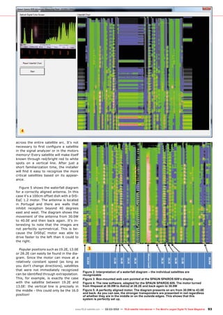 4
5
93
www.TELE-satellite.com — 02-03/2012 — TELE-satellite International — The World‘s Largest Digital TV Trade Magazine
across the entire satellite arc. It‘s not
necessary to first configure a satellite
in the signal analyzer or in the motors
memory! Every satellite will make itself
known through red/bright red to white
spots on a vertical line. After just a
short familiarization time, the installer
will find it easy to recognize the more
critical satellites based on its appear-
ance.
Figure 5 shows the waterfall diagram
for a correctly aligned antenna. In this
case it‘s a 100cm offset dish with a DiS-
EqC 1.2 motor. The antenna is located
in Portugal and there are walls that
inhibit reception beyond 40 degrees
east and west. The diagram shows the
movement of the antenna from 30.0W
to 40.0E and then back again. It‘s in-
teresting to note that the images are
not perfectly symmetrical. This is be-
cause the DiSEqC motor was able to
drive faster to the left than it could to
the right.
Popular positions such as 19.2E, 13.0E
or 28.2E can easily be found in the dia-
gram. Since the motor can move at a
relatively constant speed (as long as
you don‘t change directions), satellites
that were not immediately recognized
can be identified through extrapolation.
This, for example, is exactly the case
with the satellite between 19.2E and
13.0E: the vertical line is precisely in
the middle - this could only be the 16.0
position!
Figure 2: Interpretation of a waterfall diagram – the individual satellites are
recognizable
Figure 3: Box-mounted web cam pointed at the SPAUN SPAROS 609‘s display
Figure 4: The new software, adapted for the SPAUN SPAROS 609. The motor turned
from Hispasat at 30.0W to Astra2 at 28.2E and back again to 30.0W
Figure 5: A perfectly aligned motor. The diagram presents an arc from 30.0W to 43.0E
and back. As you can see, the stronger transponders are presented in red regardless
of whether they are in the middle or on the outside edges. This shows that this
system is perfectly set up.
 