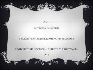 ACTIVIDA NUMERO2



  BRAYAN FERNANDOR ROMERO HERNANDEZ



UNIBERCIDAD NACIONAL ABIERTA Y A DISTANCIA

                   2011
 