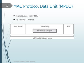 MAC Protocol Data Unit (MPDU)
 Encapsulates the MSDU
 Is an 802.11 Frame
TELE_25892_Princuples of Wreless Networking
10
 