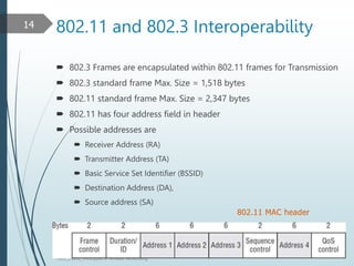802.11 and 802.3 Interoperability
 802.3 Frames are encapsulated within 802.11 frames for Transmission
 802.3 standard frame Max. Size = 1,518 bytes
 802.11 standard frame Max. Size = 2,347 bytes
 802.11 has four address field in header
 Possible addresses are
 Receiver Address (RA)
 Transmitter Address (TA)
 Basic Service Set Identifier (BSSID)
 Destination Address (DA),
 Source address (SA)
TELE_25892_Princuples of Wreless Networking
14
802.11 MAC header
 