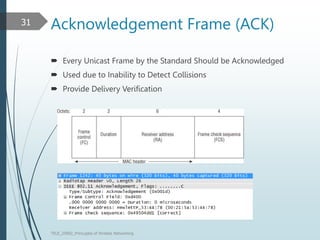 Acknowledgement Frame (ACK)
 Every Unicast Frame by the Standard Should be Acknowledged
 Used due to Inability to Detect Collisions
 Provide Delivery Verification
TELE_25892_Princuples of Wreless Networking
31
 