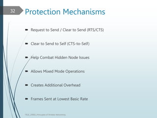 Protection Mechanisms
 Request to Send / Clear to Send (RTS/CTS)
 Clear to Send to Self (CTS-to-Self)
 Help Combat Hidden Node Issues
 Allows Mixed Mode Operations
 Creates Additional Overhead
 Frames Sent at Lowest Basic Rate
TELE_25892_Princuples of Wreless Networking
32
 