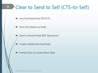 Clear to Send to Self (CTS-to-Self)
 Less Overhead than RTS/CTS
 From the Station to Itself
 Used in Mixed Mode BSS Operations
 Creates Additional Overhead
 Frames Sent at Lowest Basic Rate
TELE_25892_Princuples of Wreless Networking
36
 
