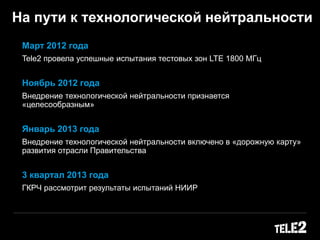 На пути к технологической нейтральности
Март 2012 года
Tele2 провела успешные испытания тестовых зон LTE 1800 МГц
Ноябрь 2012 года
Внедрение технологической нейтральности признается
«целесообразным»
Январь 2013 года
Внедрение технологической нейтральности включено в «дорожную карту»
развития отрасли Правительства
3 квартал 2013 года
ГКРЧ рассмотрит результаты испытаний НИИР
 