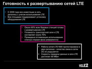Готовность к развертыванию сетей LTE
 Работа сетей LTE1800 протестирована в
двух регионах - качество связи в сетях
2G не ухудшается
 Скорость передачи данных в сети LTE
достигает 80 Мбит/c
 Около 60% всех базовых станций готовы
к развертыванию LTE
 Готовность транспортной сети к LTE
составляет около 70%
 Проведена оптимизация использования
спектра (первая фаза рефарминга)
 С 2009 года все инвестиции в сеть
делались с учетом использования LTE
 Все площадки поддерживают установку
оборудования LTE
 