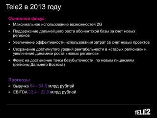 Tele2 в 2013 году
Основной фокус
 Максимальное использование возможностей 2G
 Поддержание дальнейшего роста абонентской базы за счет новых
регионов
 Увеличение эффективности использования затрат за счет новых проектов
 Сохранение достигнутого уровня рентабельности в «старых регионах» и
увеличение динамики роста «новых регионов»
 Фокус на достижение точки безубыточности по новым лицензиям
(регионы Дальнего Востока)
Прогнозы
 Выручка 64 - 64,5 млрд рублей
 EBITDA 22,4 - 22,9 млрд рублей
 