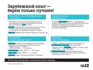 Зарубежный опыт —
    берем только лучшее!
      Плата не за частотное присвоение,                  Технологическая
      а за полосу                                        нейтральность
      Ежегодные платежи за используемые полосы           Решение Евросоюза 2009 г. о возможности
      рассматривались как существенный источник          развертывания 3G в диапазоне GSM 900 МГц было
      доходов бюджета США в 2009 г.                      дополнено требованием разрешить к 2011 г.
                                                         в странах ЕС применение новых технологий
      Дания: с января 2010 г. ежегодная базовая ставка   (3G и 4G) в 1800 МГц
      39 евро за МГц плюс оплата в зависимости
      от коммерческой привлекательности и охвата
      Другие: Швеция, Финляндия, Франция, Канада и др.


      Разрешение                                         Аукционы
      на перепродажу частот                              вместо конкурсов
      Англия: в 2004 г. стала первой страной в Европе,   В 2001 г. Vodafone потратил на аукционы 3G
      юридически разрешившей продажу частот.             в Германии и Англии 18,3 млрд. евро
      Первая сделка — в 2006 г.                          Аукцион 2010 г. в Индии собрал 11,7 млрд. евро;
      С 2004 по 2008 гг. — 24 сделки.                    в Германии — 4,4 млрд. евро.
      Австралия: 1998—2007 гг. — 397 сделок              Португальский регулятор расчитывает
      Франция: 2006—2008 гг. — 11 сделок                 выручить не менее 450 млн. евро на аукционе
                                                         4G спектра в июне 2011 г.
      Другие: США, Н.Зеландия, Канада, Голландия


    В России возможен комплексный подход
    Источник: PolicyTracker.com

4
 