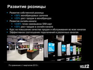 Развитие розницы
 Развитие собственной розницы
 +36% монобрендовых салонов
 +23% рост продаж в монобрендах
 Развитие онлайн-канала
 +238% точек самовывоза SIM-карт
 +35% рост продаж в онлайн-канале
 Курс на повышение качества продаж и обслуживания во всех каналах
 Эффективное соотношение подключений в различных каналах
По сравнению с I кварталом 2013 г.
 