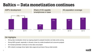 Baltics – Data monetization continues
7
ASPU development Share of 4G capable
smartphones in base
Q4 Highlights
4G population coverage
– Strong data monetization driven by ongoing prepaid to postpaid transition and data centric pricing
– Strong ASPU growth, especially in Lithuania, driven by mobile broadband and consumer postpaid
– 4G handset penetration continues to drive data consumption
– 99% network coverage drives higher data usage and purchase of top-up data buckets
88%
99%
Q4 15 Q4 16Q4 15 Q4 16
20%
37%
Q4 15 Q4 16
+7%
 