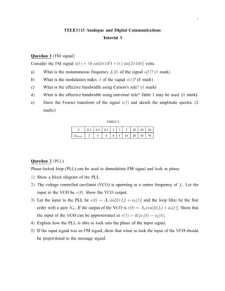 1



                    TELE3113 Analogue and Digital Communications
                                             Tutorial 3



Question 1 (FM signal)
Consider the FM signal s(t) = 10 cos[4π103 t + 0.1 sin(2π10t)] volts.
a)      What is the instantaneous frequency fi (t) of the signal s(t)? (1 mark)
b)      What is the modulation index β of the signal s(t)? (1 mark)
c)      What is the effective bandwidth using Carson’s rule? (1 mark)
d)      What is the effective bandwidth using universal rule? Table 1 may be used. (1 mark)
e)      Show the Fourier transform of the signal s(t) and sketch the amplitude spectra. (2
        marks)

                                              TABLE I

                           β     0.1   0.3   0.5   1   2   5    10   20   30
                         2nmax    2    4      4    6   8   16   28   50   70




Question 2 (PLL)
Phase-locked loop (PLL) can be used to demodulate FM signal and lock in phase.
1) Show a block diagram of the PLL.
2) The voltage controlled oscillator (VCO) is operating at a center frequency of f c . Let the
     input to the VCO be v(t). Show the VCO output.
3) Let the input to the PLL be s(t) = Ac sin[2πfc t + φ1 (t)] and the loop ﬁlter be the ﬁrst
     order with a gain KL . If the output of the VCO is r(t) = Av cos[2πfc t + φ2 (t)]. Show that
     the input of the VCO can be approximated as v(t) = K[φ1 (t) − φ2 (t)].
4) Explain how the PLL is able to lock into the phase of the input signal.
5) If the input signal was an FM signal, show that when in lock the input of the VCO should
     be proportional to the message signal.
 