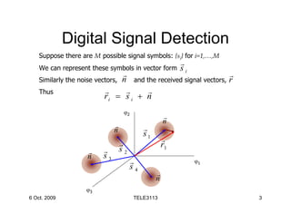 Digital Signal Detection
    Suppose there are M possible signal symbols: {si} for i=1,…,M
                                                          r
    We can represent these symbols in vector form         si
                                 r                                  r
    Similarly the noise vectors, n and the received signal vectors, r
    Thus                   r      r     r
                           ri = s i + n
                                   ϕ2
                                                     r
                              r                      n
                              n             r
                                            s1
                                  r                  r
                                  s2                 r1
                    r    r
                    n    s3
                                       r                       ϕ1
                                       s4
                                                 r
                                                 n
                    ϕ3
6 Oct. 2009                             TELE3113                        3
 