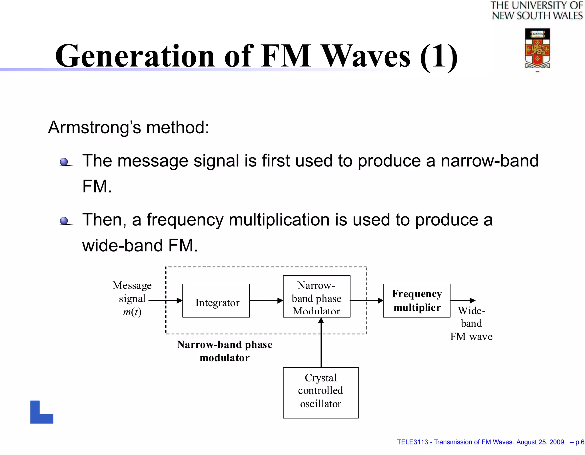 Generation of FM Waves (1)
Armstrong’s method:
    The message signal is ﬁrst used to produce a narrow-band
    FM.
    Then, a frequency multiplication is used to produce a
    wide-band FM.

       Message                        Narrow-
        signal                       band phase    Frequency
                    Integrator                     multiplier
         m(t)                        Modulator                       Wide-
                                                                     band
                                                                    FM wave
                 Narrow-band phase
                     modulator
                                       Crystal
                                      controlled
                                      oscillator


                                                    TELE3113 - Transmission of FM Waves. August 25, 2009. – p.6/
 