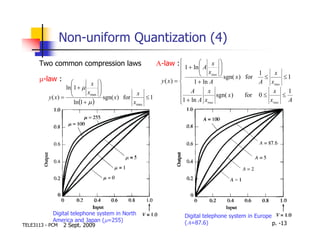 Non-uniform Quantization (4)
      Two common compression laws                               Α-law : 1 + ln  A x 
                                                                                     
                                                                                    
                                                                          
                                                                                  xmax  sgn( x ) for 1 ≤ x ≤ 1
      µ-law :                                                  y ( x) =      1 + ln A                A xmax
                               x
                  ln1 + µ
                    
                                    
                                                                          A
                             xmax                    x                                x                      x     1
          y ( x) =                  sgn( x) for          ≤1                           sgn( x )   for 0 ≤      ≤
                      ln (1 + µ )                   xmax                  1 + ln A xmax
                                                                                                           xmax   A




             Digital telephone system in North                            Digital telephone system in Europe
             America and Japan (µ=255)                                    (Α=87.6)
TELE3113 - PCM 2 Sept. 2009                                                                                  p. -13
 
