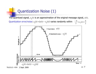 Quantization Noise (1)
  The quantized signal, xq(t) is an approximation of the original message signal, x(t).
                                                                           −∆             ∆
  Quantization error/noise: eq(t) ={x(t) - xq(t)} varies randomly within      ≤ eq (t ) ≤
                                                                            2             2

                                                      x(t)

                                                             xq(t)




                    eq(t) ={x(t) - xq(t)}
TELE3113 - PCM   2 Sept. 2009                                                       p. -7
 