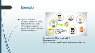 Ejemplo
 En casa ocurre un
accidente se llama a línea
de teleasistencia y se le
informa paso a paso de lo
que se debe hacer mientras
llega la ambulancia
Tomado el día 22 de octubre 2016
Recuperado en
https://i.ytimg.com/vi/T0twbBmJfd0/maxresdefault.jpg
 