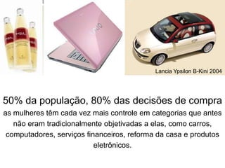 Lancia Ypsilon B-Kini 2004




50% da população, 80% das decisões de compra
as mulheres têm cada vez mais controle em categorias que antes
   não eram tradicionalmente objetivadas a elas, como carros,
 computadores, serviços financeiros, reforma da casa e produtos
                           eletrônicos.
 