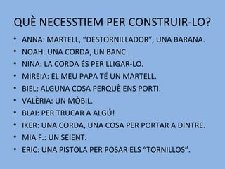 QUÈ NECESSTIEM PER CONSTRUIR-LO?
• ANNA: MARTELL, “DESTORNILLADOR”, UNA BARANA.
• NOAH: UNA CORDA, UN BANC.
• NINA: LA CORDA ÉS PER LLIGAR-LO.
• MIREIA: EL MEU PAPA TÉ UN MARTELL.
• BIEL: ALGUNA COSA PERQUÈ ENS PORTI.
• VALÈRIA: UN MÒBIL.
• BLAI: PER TRUCAR A ALGÚ!
• IKER: UNA CORDA, UNA COSA PER PORTAR A DINTRE.
• MIA F.: UN SEIENT.
• ERIC: UNA PISTOLA PER POSAR ELS “TORNILLOS”.
 