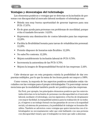 120                                                                           ONG

Ventajas y desventajas del teletrabajo
   Los elementos positivos o ventajas que se detectan en la inclusión de per-
sonas con discapacidad al mercado laboral mediante el teletrabajo son:
   • Brinda una muy buena oportunidad de generar ingresos para una
     PCD: 17,07%.
   • Es de gran ayuda para personas con problemas de movilidad, porque
     evita el traslado frecuente: 14,63%.
   • Representa una disminución de costos laborales para las empresas:
     12,20%.
   • Facilita la flexibilidad horaria para tareas de rehabilitación personal:
     12,20%.
   • Permite disponer de horarios más flexibles: 12,20%.
   • No sabe/No contesta: 12,20%.
   • Mejora notablemente la inclusión laboral de PCD: 9,76%.
   • Incrementa la autoestima de las PCD: 9,76%.
   • Mejora la imagen de Responsabilidad Social de las empresas: 2,44%.


  Cabe destacar que en esta pregunta existía la posibilidad de dar res-
puestas múltiples, por lo que la suma de los ítems puede ser mayor a 100%.
   Como vemos, la mayoría de los aspectos positivos señalados están vin-
culados con las ventajas para el propio teletrabajador. Un porcentaje menor
menciona que la modalidad también puede ser positiva para las empresas.
         En Perú, por ejemplo, los principales elementos positivos que los entrevis-
         tados detectan en la inclusión de personas con discapacidad en el mercado
         laboral, mediante el teletrabajo, son los siguientes: el hecho de desplazarse
         con mayor facilidad, la tranquilidad anímica para la realización de su traba-
         jo, el ingreso a un trabajo formal con las garantías de acceso a la seguridad
         social y al sistema de pensiones y la posibilidad de trabajar en horarios fle-
         xibles. También se advierten como ventajas que quien interactúa con el te-
         letrabajador no necesariamente sabe que está hablando con una persona
         con discapacidad visual y que el trabajador no tiene que salir a almorzar.
 