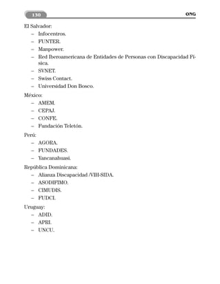 130                                                          ONG

El Salvador:
   – Infocentros.
   – FUNTER.
   – Manpower.
   – Red Iberoamericana de Entidades de Personas con Discapacidad Fí-
      sica.
   – SVNET.
   – Swiss Contact.
   – Universidad Don Bosco.
México:
  – AMEM.
  – CEPAJ.
  – CONFE.
  – Fundación Teletón.
Perú:
   – AGORA.
   – FUNDADES.
   – Yancanahuasi.
República Dominicana:
  – Alianza Discapacidad /VIH-SIDA.
  – ASODIFIMO.
  – CIMUDIS.
  – FUDCI.
Uruguay:
  – ADID.
  – APRI.
  – UNCU.
 
