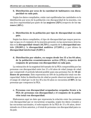 ¿CUÁNTAS   SON LAS PERSONAS CON DISCAPACIDAD...                      31

   b. Distribución por sexo de la cantidad de habitantes con disca-
      pacidad en cada país.
   Según los datos compilados, están casi equilibradas las cantidades en la
distribución por sexo de la población con discapacidad de la muestra, con
una leve superioridad por parte de las mujeres (52%) respecto de los va-
rones (48%).


   c. Distribución de la población por tipo de discapacidad en cada
      país.
   Según los datos compilados, el tipo de discapacidad que mayor porcen-
taje ocupa en el conjunto de la muestra presente en las menciones detecta-
das es la discapacidad visual (44,73%), seguida de la discapacidad mo-
triz (28,06%), la discapacidad auditiva (17,83%), y por último la
discapacidad intelectual (9,38%).


   d. Distribución por edades, en rangos desde los 15 a los 64 años,
      de la población económicamente activa (PEA), respecto del
      conjunto de personas con discapacidad en cada país.
    La estimación de la magnitud del tamaño de la PEA comprendida por las
personas con discapacidad entre los 15 a 64 años de edad (rango de edad
que comprende el período laboral posible para una persona) fue de 16 mi-
llones de personas. Esto representa un 44% de la población total con dis-
capacidad. Sobre la distribución de edad se puede observar también que en
el rango de edad que va de los 30 a los 64 años se encuentra el 80% de las
personas que componen la PEA.


   e. Personas con discapacidad ocupadas/no ocupadas frente a la
      PEA de personas con discapacidad y el conjunto de la pobla-
      ción total con discapacidad.
   Elaboramos aquí un dato que representa la relación entre las personas
con discapacidad que se encuentran ocupadas, según los datos censales y
las encuestas nacionales, el subconjunto de la PEA de 15 a 64 años, deter-
minado en el ítem anterior, y el total de personas con discapacidad para ca-
da país.
 
