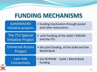 FUNDING MECHANISMS
  GoM/MACRA         • funding mechanism through postal
initiative projects   and other telecentres.

 The ITU Special • joint funding of the GoM / MACRA
Initiative Project and the ITU
Universal Access • the joint funding of the GoM and the
    Project        World Bank

   Last mile        • the RCIPMW - GoM / World Bank
  Connectivity        funding

                                                          12
 