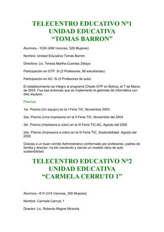 TELECENTRO EDUCATIVO N°1
          UNIDAD EDUCATIVA
           “TOMAS BARRON”
Alumnos.- 1024 (498 Varones, 526 Mujeres)

Nombre: Unidad Educativa Tomas Barrón

Directora: Lic. Teresa Martha Cuentas Zelaya

Participación en GTP: Si (2 Profesores, 86 estudiantes)

Participación en AC: Si (5 Profesores de aula)

El establecimiento se integro al programa Chaski GTP en Bolivia, el 7 de Marzo
de 2003. Fue ese entonces que se implemento el gabinete de informática con
diez equipos.

Premios:

1er. Premio (Un equipo) en la I Feria TIC, Noviembre 2003.

2do. Premio (Una impresora) en la II Feria TIC, Noviembre del 2004

3er. Premio (impresora a color) en la III Feria TIC-AC, Agosto del 2005

2do. Premio (Impresora a color) en la III Feria TIC, Sostenibilidad. Agosto del
2005

Gracias a un buen comité Administrativo conformado por profesores, padres de
familia y director, ha ido creciendo y siendo un modelo claro de auto
sostenibilidad.


      TELECENTRO EDUCATIVO N°2
          UNIDAD EDUCATIVA
        “CARMELA CERRUTO 1”

Alumnos.- 614 (314 Varones, 300 Mujeres)

Nombre: Carmela Cerruto 1

Director: Lic. Rolando Magne Miranda
 