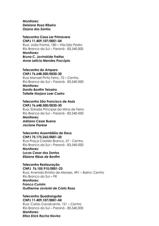 Monitores:
Deisiane Rosa Ribeiro
Ozana dos Santos

Telecentro Casa Lar Primavera
CNPJ 11.409.107/0001-04
Rua: João Froma, 180 – Vila São Pedro
Rio Branco do Sul – Paraná - 83.540.000
Monitores:
Bruna C. Jovinskide Freitas
Anne Letícia Mendes Procópio

Telecentro do Amparo
CNPJ 76.648.500/0030-30
Rua Manoel Pinto Ferro, 72 – Centro.
Rio Branco do Sul – Paraná- 83.540-000
Monitores:
Danilo Bonfim Teixeira
Tatielle Narjara Loer Castro

Telecentro São Francisco de Assis
CNPJ 76.648.500/0030-30
Rua: Estrada Principal da Mina de Ferro
Rio Branco do Sul – Paraná - 83.540-000
Monitores:
Adriano Cesar Bueno
Jociane Fiorese

Telecentro Assembléia de Deus
CNPJ 75.175.265/0001-20
Rua Praça Castelo Branco, 57 - Centro.
Rio Branco do Sul – Paraná - 83.540-000
Monitores:
Lucas Cesar dos Santos
Eliziane Ribas de Bonfim

Telecentro Restauração
CNPJ 76.105.915/0001-23
Rua: Avenida Ermírio de Moraes, 491 – Bairro: Centro
Rio Branco do Sul – PR
Monitores:
Franco Cumim
Guilherme Jovisnki de Cristo Roza

Telecentro Quadrangular
CNPJ 11.409.107/0001-04
Rua: Carlos Cavalcante, 121 – Centro
Rio Branco do Sul – Paraná - 83.540.000
Monitores:
Elton Erick Rocha Novka
 