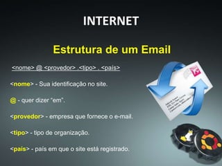 Estrutura de um Email
<nome> @ <provedor> .<tipo> . <país>
<nome> - Sua identificação no site.
@ - quer dizer “em”.
<provedor> - empresa que fornece o e-mail.
<tipo> - tipo de organização.
<país> - país em que o site está registrado.
INTERNET
 