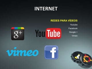 INTERNET
REDES PARA VÍDEOS
Youtube
Facebook
Google +
Vimeo
 