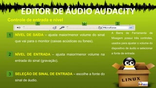 NÍVEL DE SAÍDA – ajusta maior/menor volume do sinal
que vai para o monitor (caixas acústicas ou fones).
NÍVEL DE ENTRADA – ajusta maior/menor volume na
entrada do sinal (gravação).
SELEÇÃO DE SINAL DE ENTRADA – escolhe a fonte do
sinal de áudio.
A Barra de Ferramenta de
Mixagem possui três controles,
usados para ajustar o volume do
dispositivo de áudio e selecionar
a fonte de entrada.
1 2 3
1
2
3
Controle de entrada e nível
EDITOR DE ÁUDIO AUDACITY
 