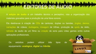 Os estúdios podem utilizar três tipos de
equipamento: analógica, digital ou híbrida
EDITORES DE ÁUDIO
A edição de áudio é um trabalho técnico e perceptivo, visa a organização dos
materiais gravados para a produção de uma faixa sonora.
Ela destina-se à criação de CDs de cantores, duplas ou bandas, jingles, demos,
narrações de vídeos, dublagens, mixagem de trilhas, produção de spots de rádio,
retirada do áudio de um filme ou criação de sons para vídeo games entre outras
aplicações profissionais.
 