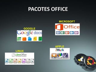 PACOTES OFFICE
Existem vários pacotes office, iremos ver alguns que
podem ser usados para substituir o pacote office da
Microsoft.
Vale lembrar que uma vez entendendo o
funcionamento do programa (aplicativo), pode se
usar qualquer sistema operacional e
consequentemente o aplicativo relativo ao mesmo.
 