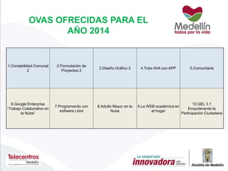 1.Contabilidad Comunal
2
2.Formulación de
Proyectos 2
3.Diseño Gráfico 2 4.Tutor AVA con APP 5.Comunitaria
6.Google Enterprise
“Trabajo Colaborativo en 
la Nube”
7.Programando con
software Libre
8.Adulto Mayor en la
Nube
9.La WEB académica en
el hogar
10.GEL 3.1
Empoderando la
Participación Ciudadana
OVAS OFRECIDAS PARA EL
AÑO 2014
 