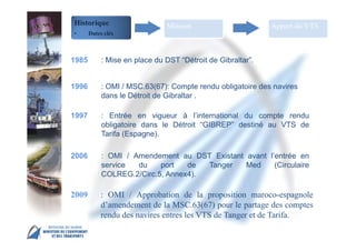 MSC 86 IMO Head Quarter – London, 27 May – 5 June
2009 : OMI / Approbation de la proposition maroco-espagnole
d’amendement de la MSC.63(67) pour le partage des comptes
rendu des navires entres les VTS de Tanger et de Tarifa.
1985 : Mise en place du DST “Détroit de Gibraltar”.
1996 : OMI / MSC.63(67): Compte rendu obligatoire des navires
dans le Détroit de Gibraltar .
1997 : Entrée en vigueur à l’international du compte rendu
obligatoire dans le Détroit “GIBREP” destiné au VTS de
Tarifa (Espagne).
2006 : OMI / Amendement au DST Existant avant l’entrée en
service du port de Tanger Med (Circulaire
COLREG.2/Circ.5, Annex4).
Historique
• Dates clés
Mission Apport du VTS
 