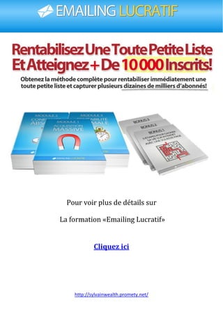 http://sylvainwealth.promety.net/
Pour voir plus de détails sur
La formation «Emailing Lucratif»
Cliquez ici
 